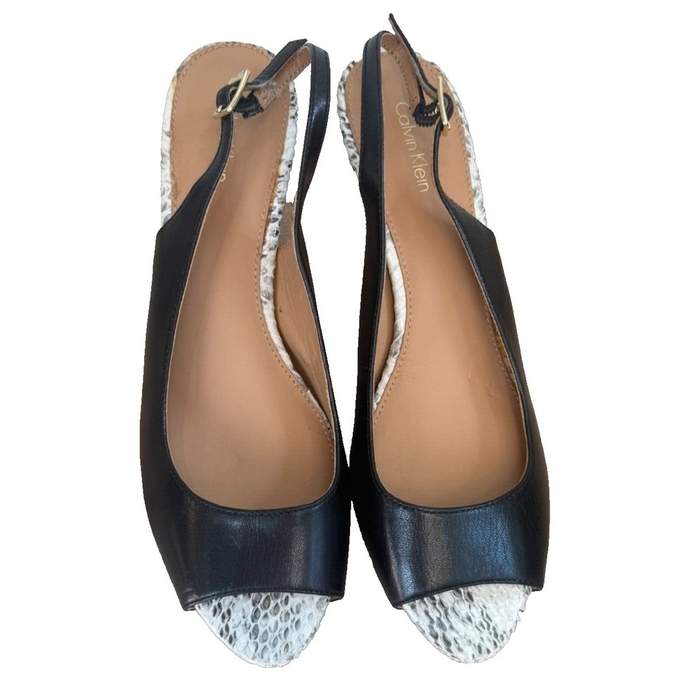 Women's Calvin‎ Klein Giny Black Snakeskin Accent Sling Back Heels Size 8
